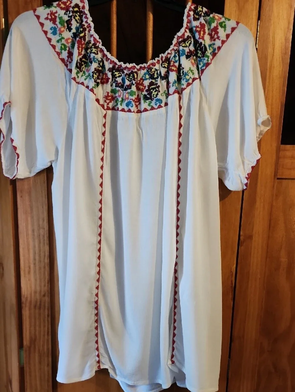 White Embroidered Peasant Blouse with Multicolor Yoke